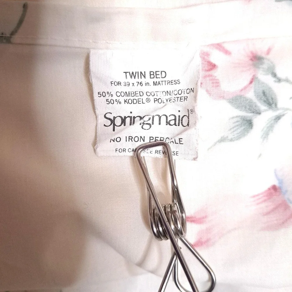 Springmaid Floral Flat Sheet Twin White Pink Blue Lace Ruffle Vintage Percale